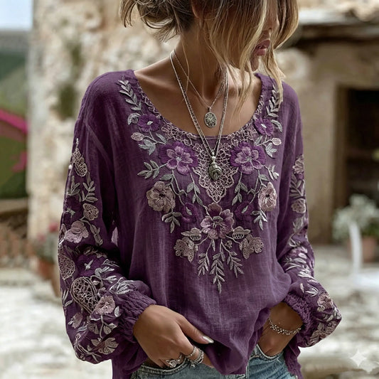 Women's Retro Bohemian Floral Pattern Long Sleeve Linen Blend T-shirt