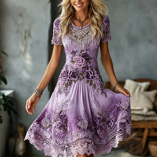 Women's Vintage Purple Rose Embroidered Art Short Sleeve Midi Dress