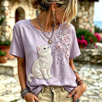 Women's Vintage Cute Cat And Floral Embroidery Art Round Neck Short Sleeve T-shirt