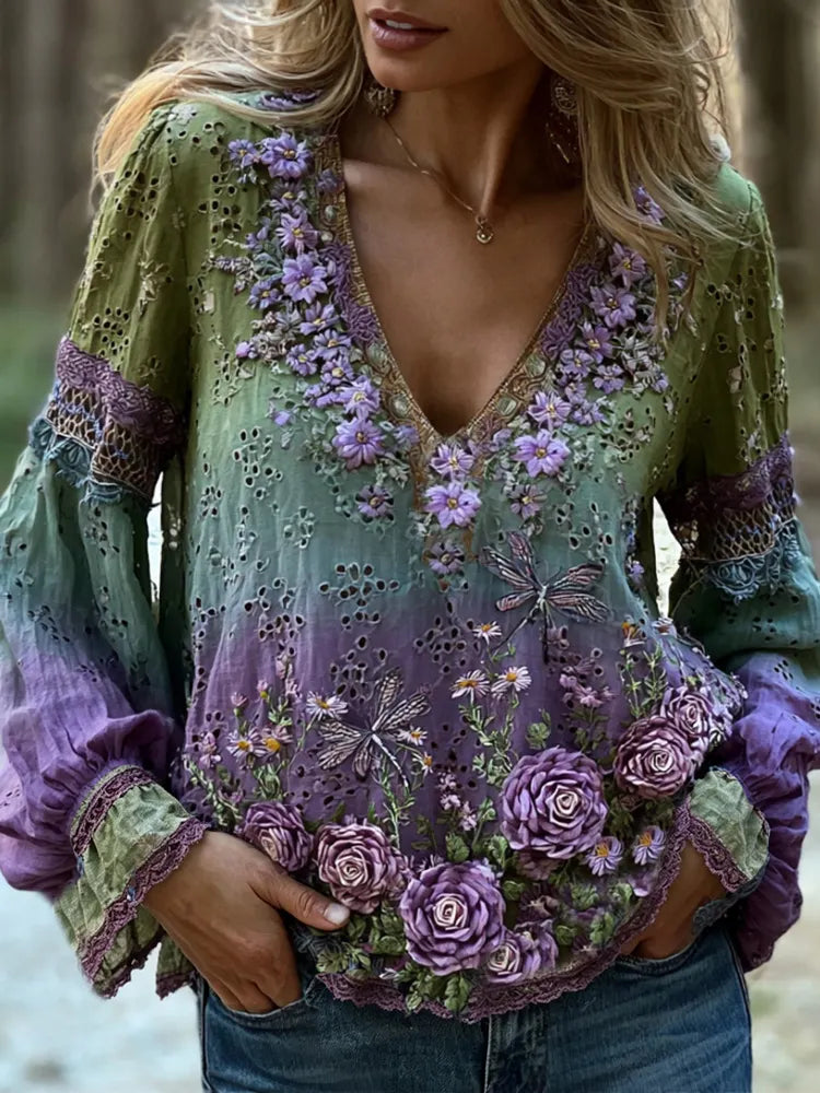 Women's Vintage Floral And Dragonfly Art Gradient Cotton Linen V-neck Long-sleeved Top