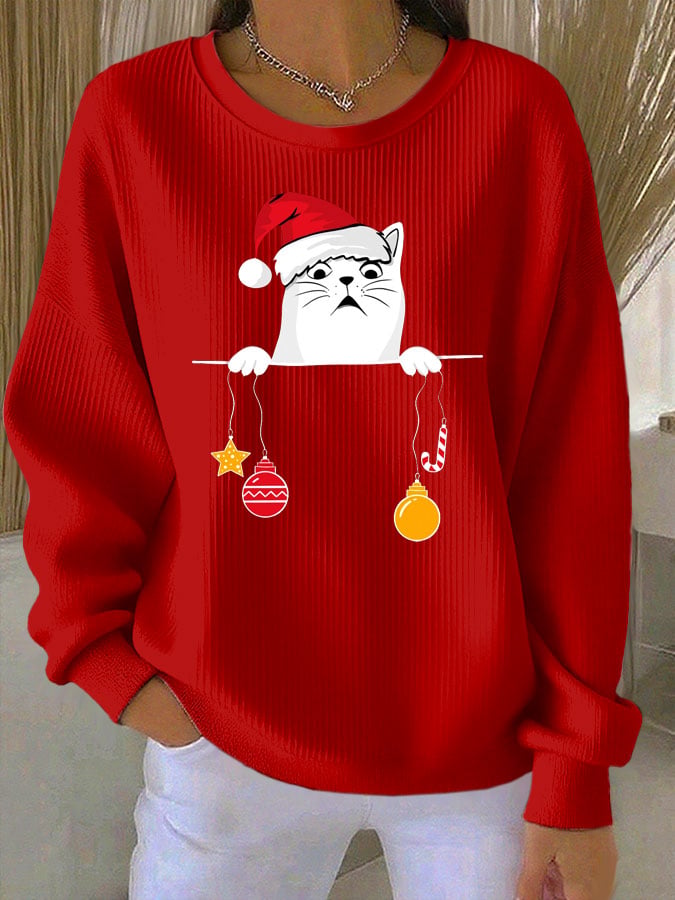 Women's Cat Print Knit Crew Neck Long Sleeve Top