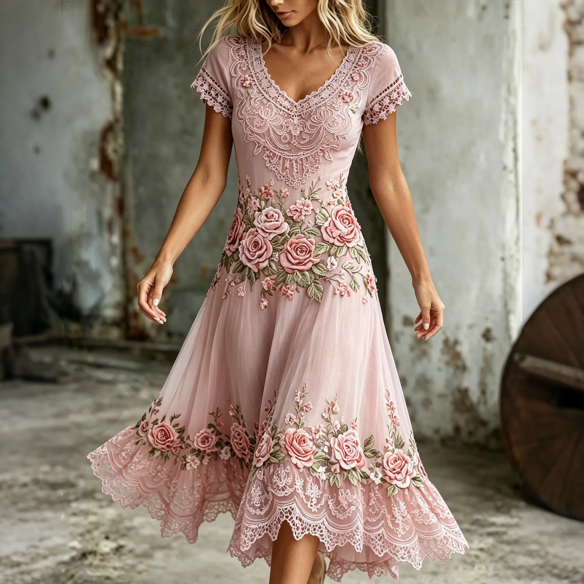 Women's Retro Purple Rose Embroidery Art V Neck Short Sleeve Midi Dress