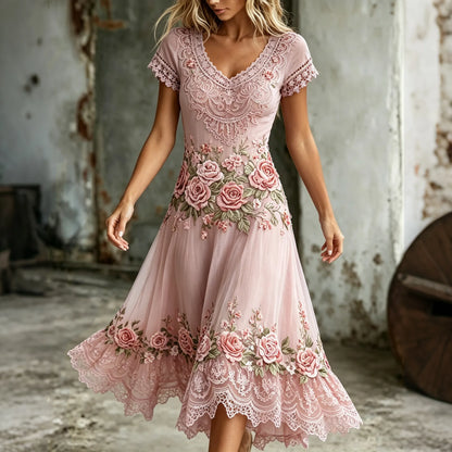 Women's Retro Purple Rose Embroidery Art V Neck Short Sleeve Midi Dress