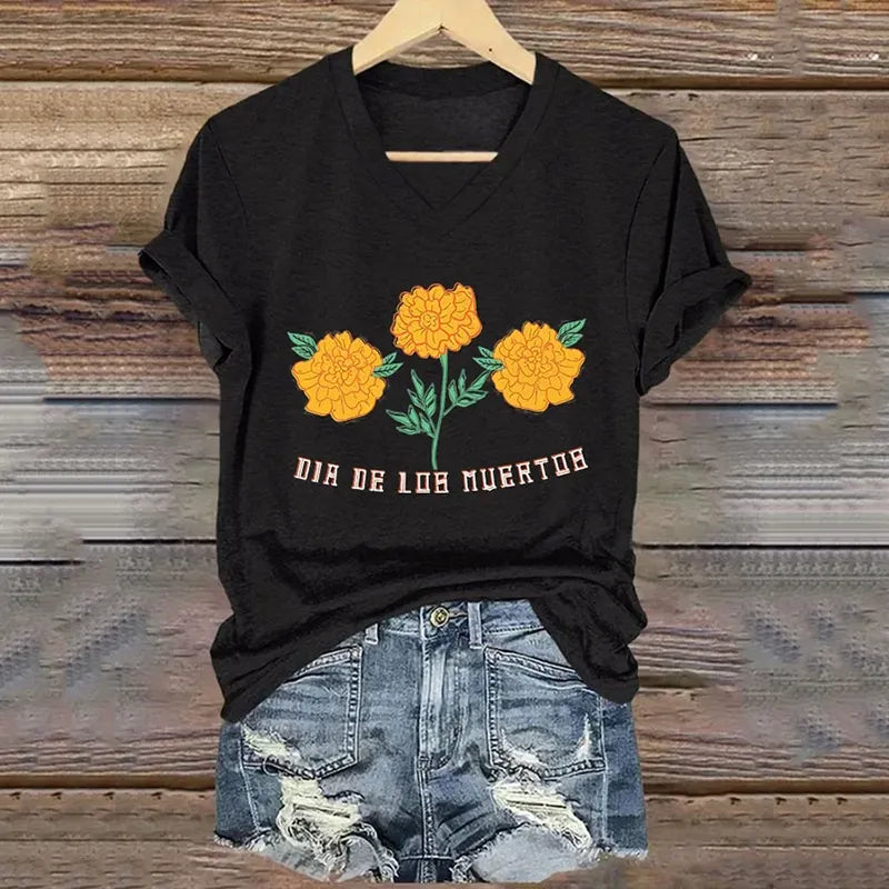 Mexican Retro Day Of The Dead Dia De Los Muertos Inspired Painting V-Neck T-Shirt