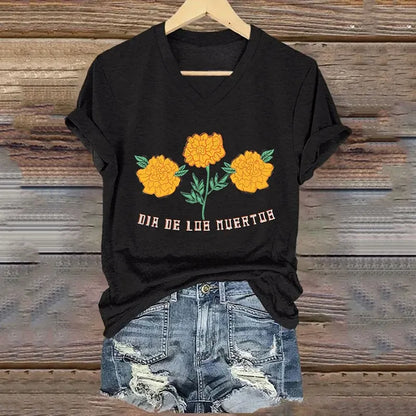 Mexican Retro Day Of The Dead Dia De Los Muertos Inspired Painting V-Neck T-Shirt