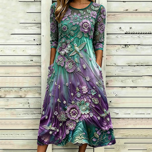 Women's Vintage Classy Purple Floral & Hummingbird Print Alzheimer's Awareness Casual  Midi Dress