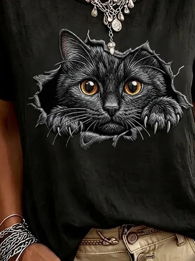 Women'S Casual Cat-Print Top