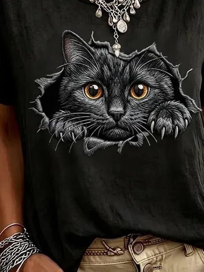 Women'S Casual Cat-Print Top