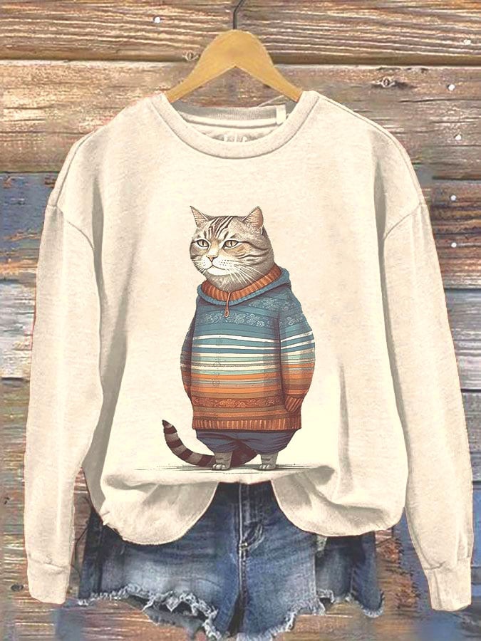 Women's Winter Cat Print Crew Neck Sweatshirt