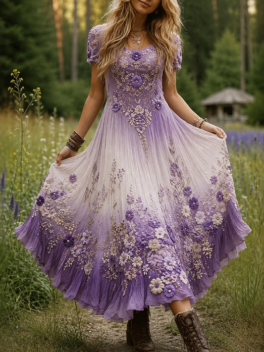 Women's Purple Floral Gradient Print Fresh Round Neck Dress