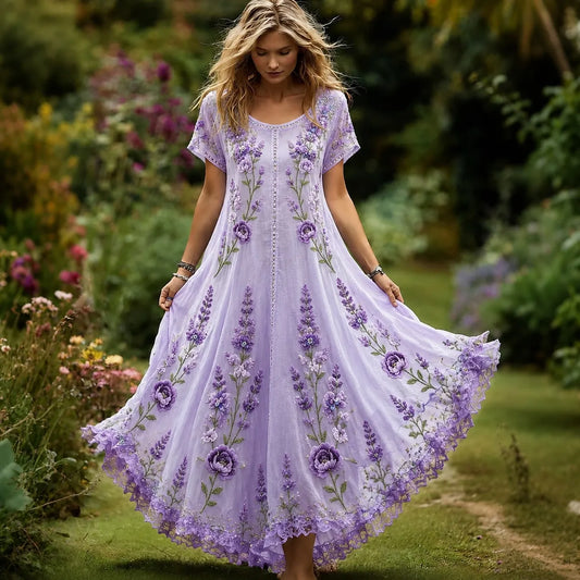 Women's Vintage Floral Embroidery Art Crew Neck Short Sleeve Maxi Dress