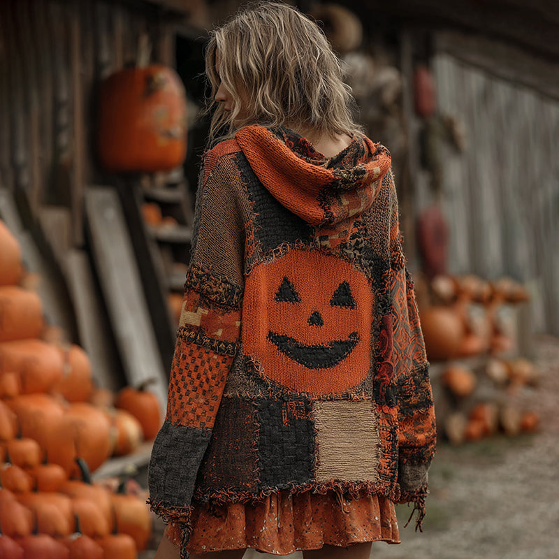 Patchwork Halloween Pumpkin Face Art  Cozy Knit Hooded Cardigan