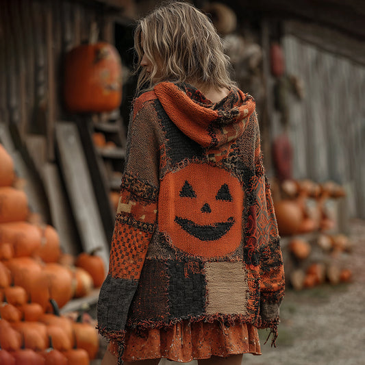 Patchwork Halloween Pumpkin Face Art  Cozy Knit Hooded Cardigan
