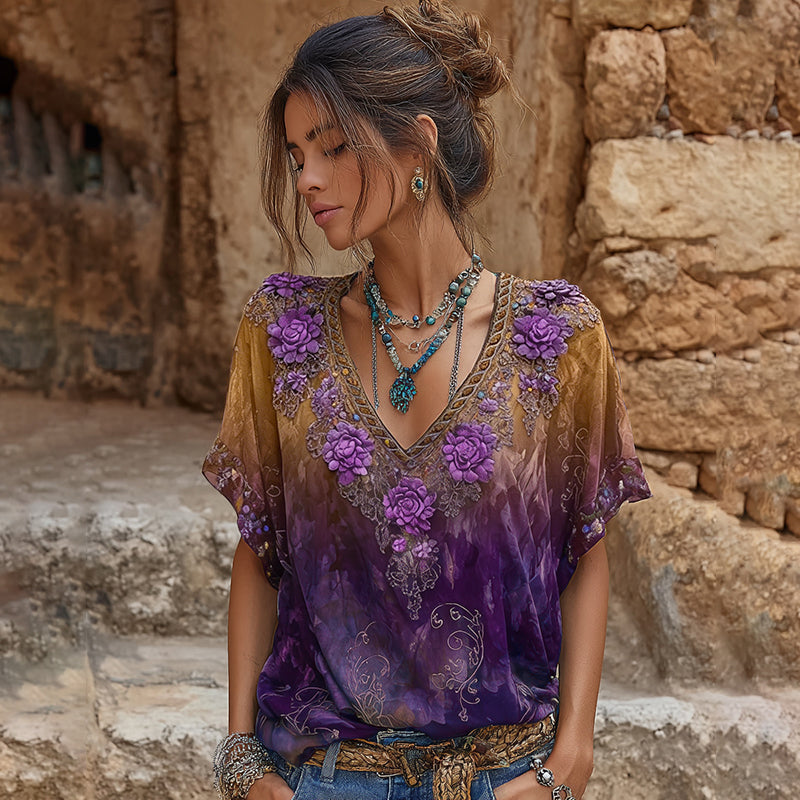Women's Retro Purple Floral Embroidery Pattern Casual V-neck T-shirt