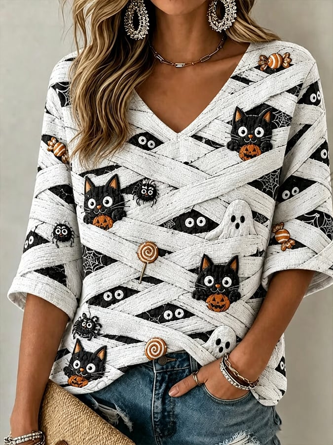 Women's Halloween Scary Pumpkin Face Cat Art Print Top