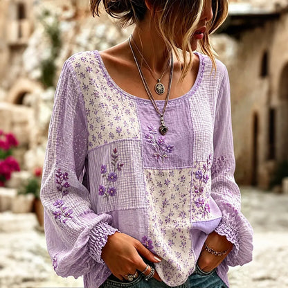Women's Bohemian Purple Floral Patchwork Art Flowy Long Sleeve Linen T-shirt
