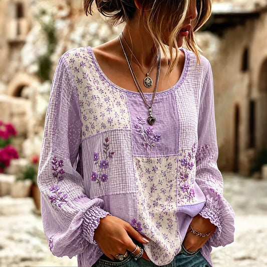 Women's Bohemian Purple Floral Patchwork Art Flowy Long Sleeve Linen T-shirt