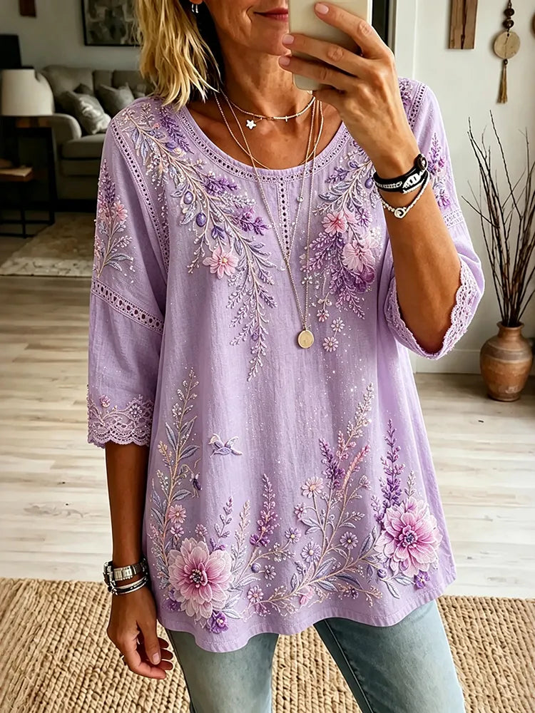 Women's Retro Floral Embroidered Gradient Art Casual T-shirt