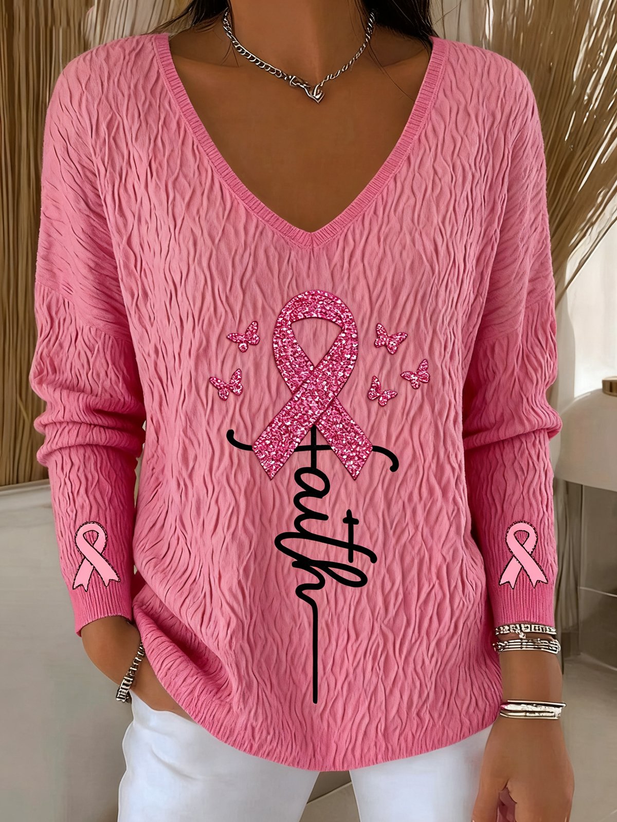 Women's Pink Ribbon Faith Print Sweater