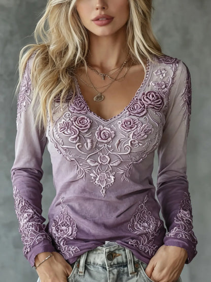 Women's Retro Floral Embroidery Casual Cotton Linen V-neck Long-sleeve T-shirt
