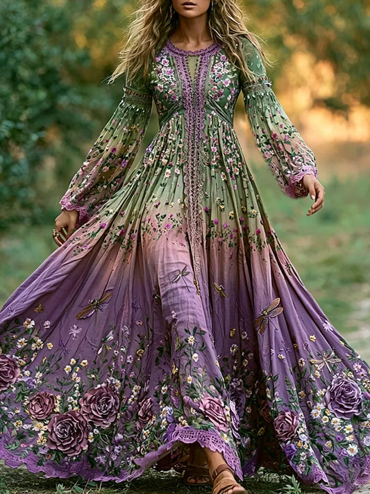 Women's Vintage Purple Floral And Dragonfly Art Gradient Cotton Linen Round Neck Long Sleeve Maxi Dress