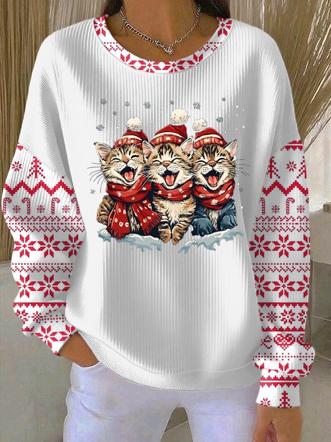 Women's Christmas Cat Print Knit Crew Neck Long Sleeve Top
