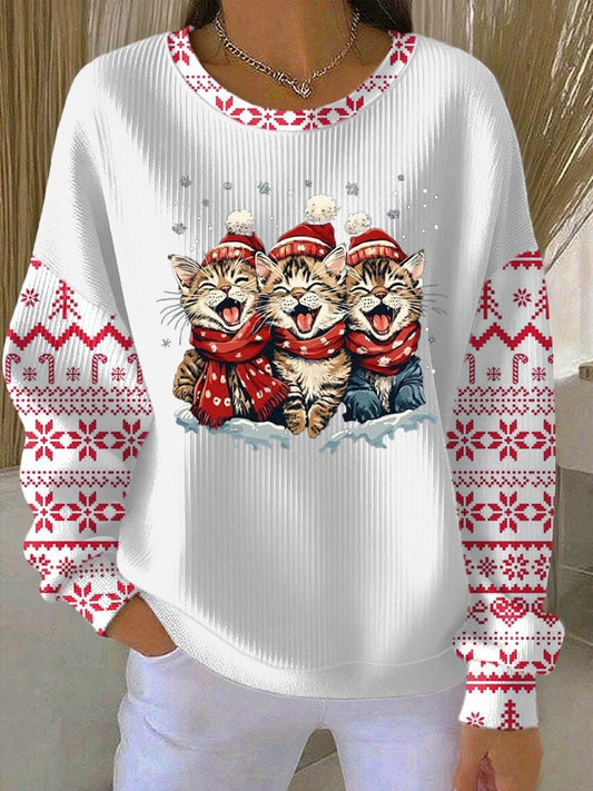 Women's Christmas Cat Print Knit Crew Neck Long Sleeve Top