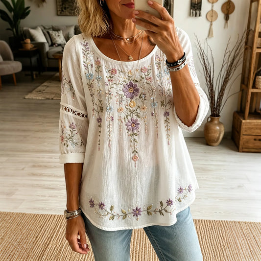 Women's Retro Boho Floral Art Cotton Linen Crew Neck T-shirt