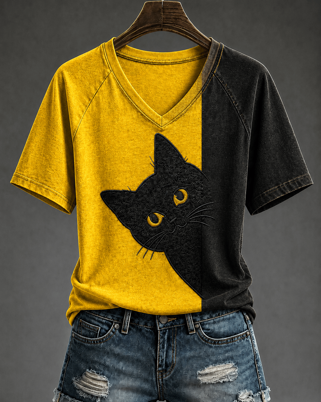 Women's Retro Black Cat Print V-Neck Top