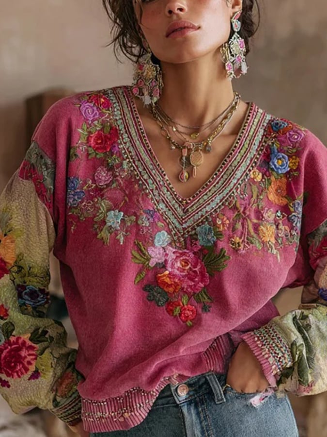 Women's Floral Print V-Neck Top