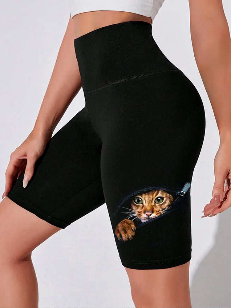 Women's Cat-Print Stretchy Yoga Shorts