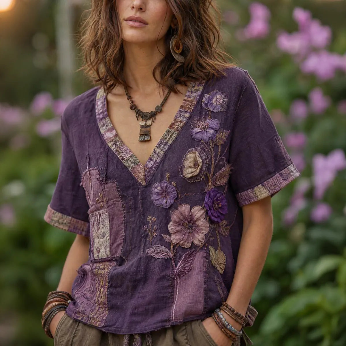 Women's Bohemian Floral Patchwork Vintage Vacation V-neck Cotton Linen T-shirt
