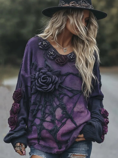 Vintage Halloween Black And Purple Rose Art Cozy Knit Sweater