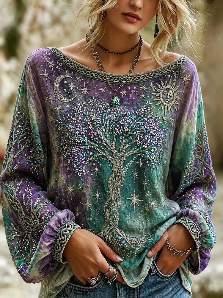 Women's Hippies Life Of Tree With  Sun And Moon Embroidery Art Linen Blend Top