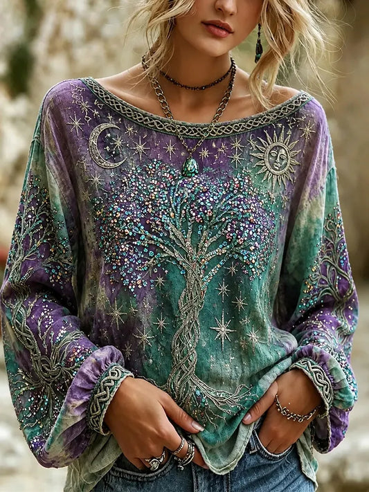 Women's Hippies Life Of Tree With  Sun And Moon Embroidery Art Linen Blend Top