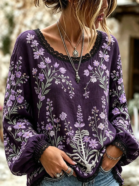 Women's Vintage Floral Embroidery Art Linen Blend Long Sleeve T-shirt