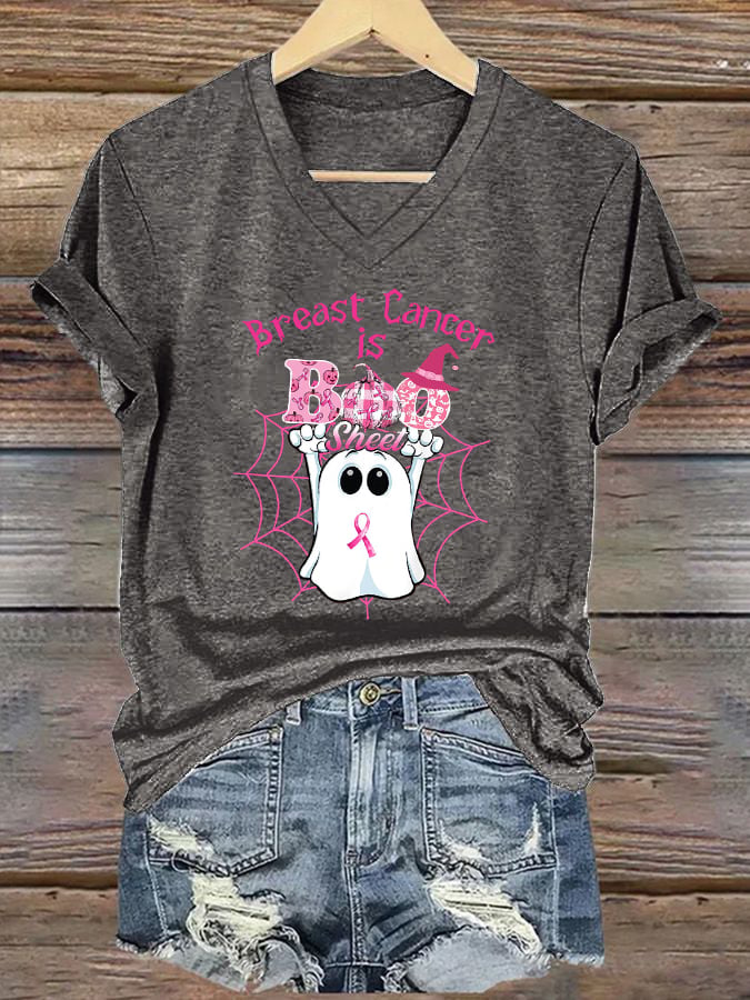 Women's Breast Cancer Is Boo Sheet Print V Neck T-shirt