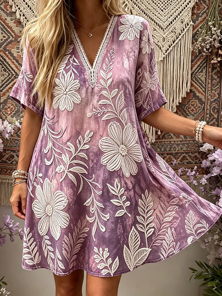 Women's Purple And Pink V-neck Short Sleeve Casual Dress With Large Floral Embroidery