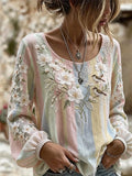 Women's Retro Breast Cancer Floral Print Long-Sleeved Top