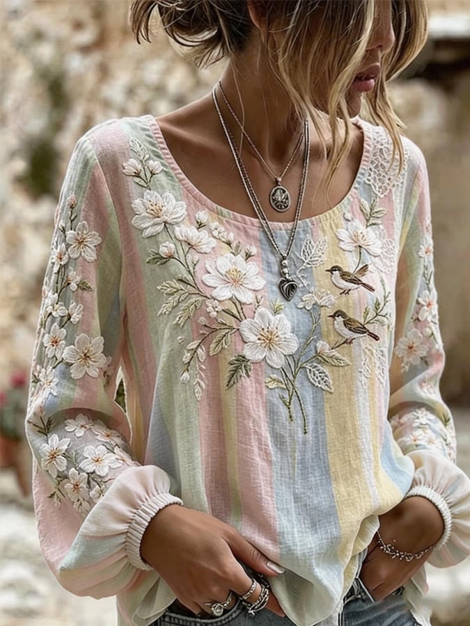 Women's Retro Breast Cancer Floral Print Long-Sleeved Top