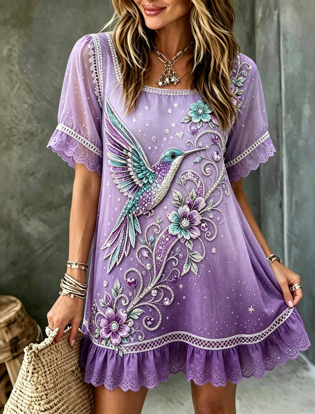 Women's Purple Floral & Hummingbird Print Alzheimer's Awareness Casual  Mini Dress