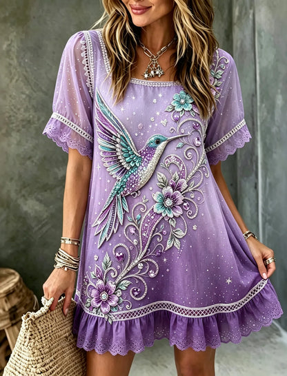 Women's Purple Floral & Hummingbird Print Alzheimer's Awareness Casual  Mini Dress