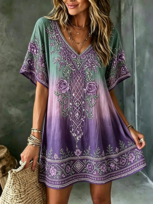 Women's Vintage Celtic Knot Floral Art Flowy Casual V-neck Linen Dress