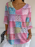 Women's Casual Pink Patchwork Print Bubble Wrinkle Top
