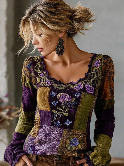 Women's Retro Purple Floral Patchwork Casual Crew Neck T-shirt