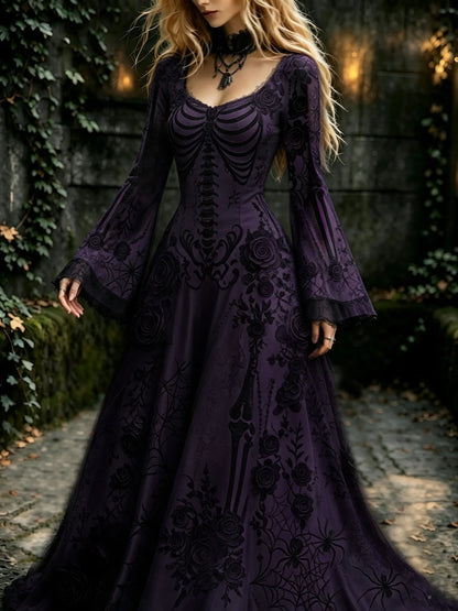 Women's Retro Gothic Flowers With Skull Pattern Mixi Halloween Dress