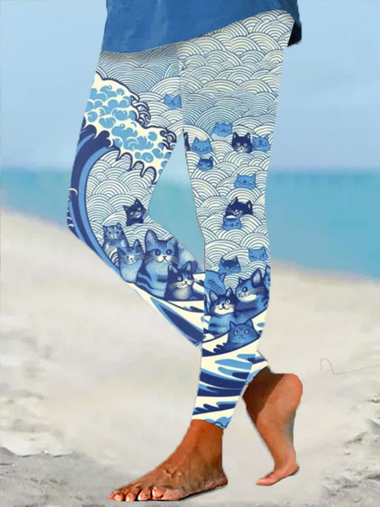 Women's Blue Waves&Cats Printed Yoga Leggings
