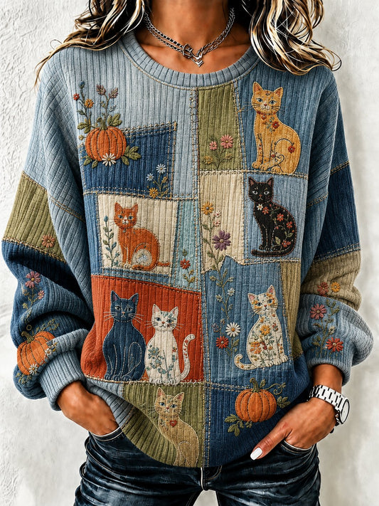 Women's Vintage Farm Cat Print Sweatshirt