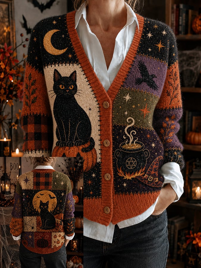 Women's Casual Halloween-Print Knit Cardigan