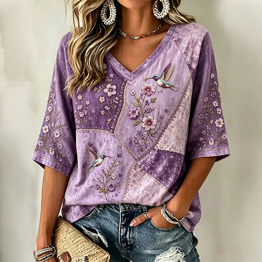 Vintage Classy Purple Floral Art Flowy Linen Blend Three Quarter Sleeves T-shirt